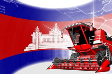 Agriculture innovation concept, red advanced wheat combine harvester on Cambodia flag - digital industrial 3D illustration