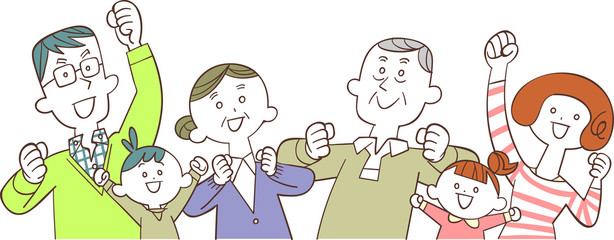 シニアを中心とした元気な三世代家族の上半身
