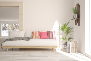 White stylish minimalist room with sofa. Scandinavian interior design. 3D illustration