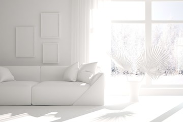 Stylish minimalist room with sofa in white color. Scandinavian interior design. 3D illustration