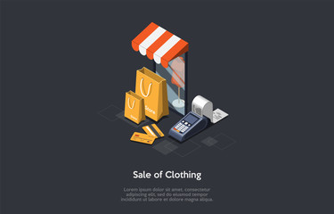 Fashion Industry, Sale Of Clothes Concept. The Mannequin Standing In The Shop Window. Store Bags, Credit Cards And Bank Terminal Printing Check. 3d Isometric Vector Illustration On Grey Background