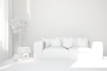 Stylish minimalist room with sofa in white color. Scandinavian interior design. 3D illustration