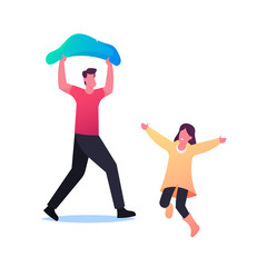 Characters under Rain, Sad Man Cover Head with Plastic Bag Running at Home, Happy Child in Cloak in Wet Rainy Day,