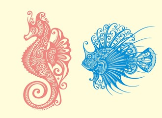 Ornamental Fish and Seahorse vector © awepai