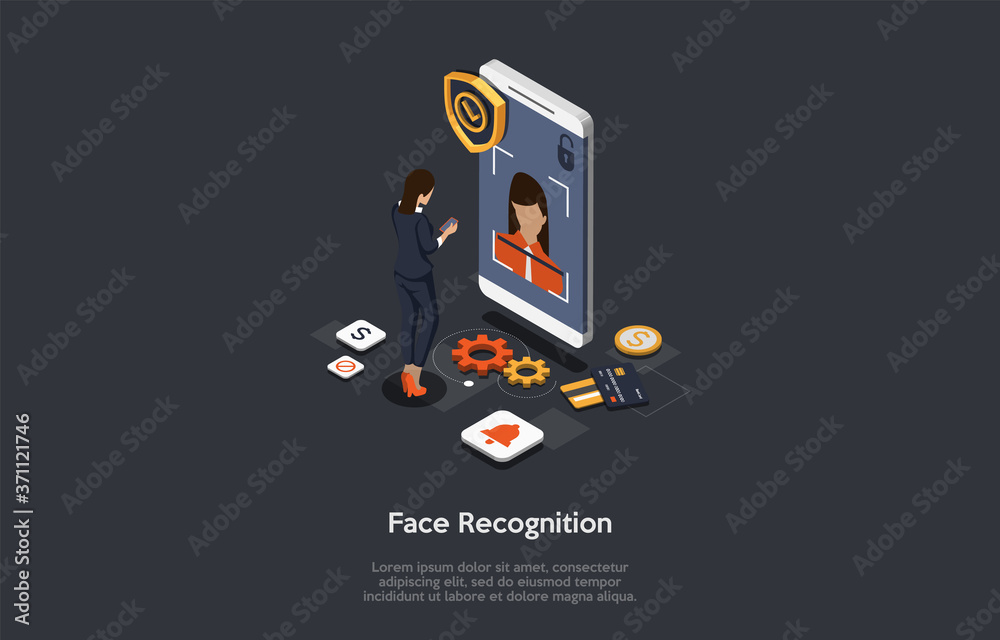 Poster modern technology, device unlock, face recognition, face unlock concept. female character gets acces