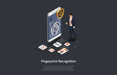 Naklejka premium Innovation Technologies, Finger Recognition Concept. Man Uses Finger Recognition To Access The Bank Accounts, Calendar, Alarm Clock And Other Functions On Smartphone. 3d Isometric Vector Illstration