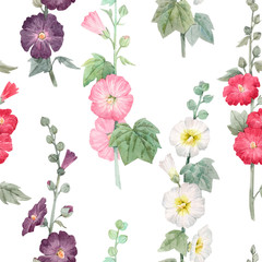 Beautiful seamless floral pattern with watercolor summer mallow flowers. Stock illustration.