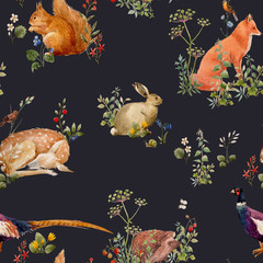 Obraz na płótnie Canvas Beautiful seamless floral pattern with watercolor forest plants and animals. Stock illustration.