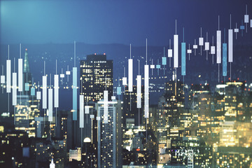 Multi exposure of virtual abstract financial graph interface on San Francisco cityscape background, financial and trading concept