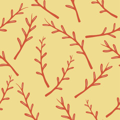 Seamless pattern with hand drawn tree branches on a yellow background. Doodle, simple illustration. It can be used for decoration of textile, paper and other surfaces. © irinapugacheva