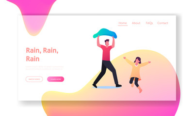 Characters under Rain Landing Page Template. Man Cover Head with Bag Running at Home, Happy Child in Jumping on Puddle