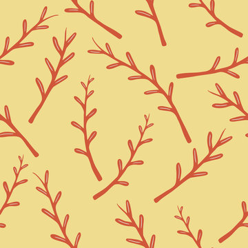 Seamless pattern with hand drawn tree branches on a yellow background. Doodle, simple illustration. It can be used for decoration of textile, paper and other surfaces.