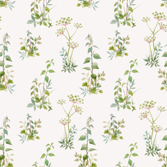 Fototapeta na wymiar Beautiful vector seamless floral pattern with watercolor forest plants. Stock illustration.