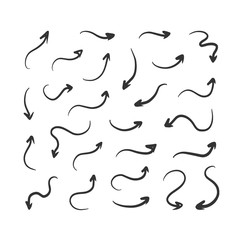 Set, collection of black doodle, hand drawn arrows isolated on white background.
