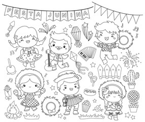 vector collection of the celebration of Festa Junina festival in black and white colour
