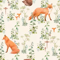 Papier peint Animaux de la forêt Beau motif floral sans couture de vecteur avec des plantes et des animaux de la forêt aquarelle. Stock illustration.