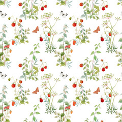 Beautiful vector seamless floral pattern with watercolor forest plants and berries. Stock illustration.