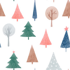 Obraz premium Beautiful vector seamless pattern with cute abstract watercolor forest trees. Stock illustration.