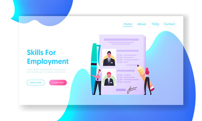 Applicants Searching Job Landing Page Template. Work Descriptions, Recruitment Headhunting, Tiny Employer Characters Reading Resume, Learning Internet Resource. Cartoon People Vector Illustration