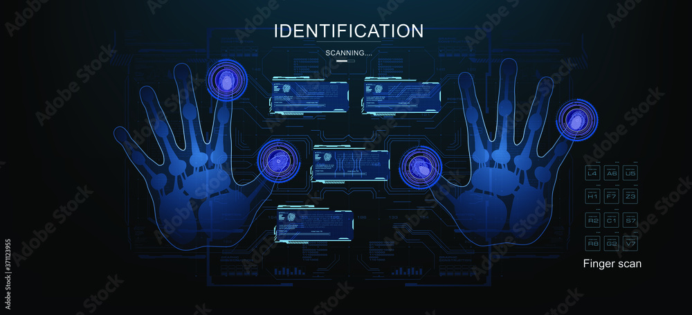 Fototapete Palm scan with display on holographic HUD panels. Futuristic scan of human hands with HUD elements. Finger identification and scanning. Technology digital screen of the future