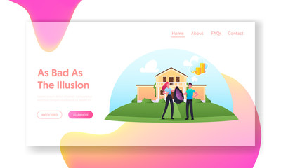 Illusions and Fraud Cheating Landing Page Template. Female Character Giving to Man Sack with Grass, he Think it is Money
