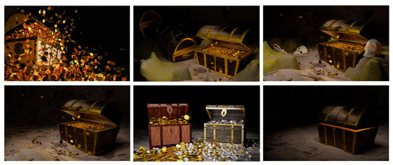 Numerous gold coins spilled out from the treasure chest. Old-style wooden treasure chest tightly assembled with rusted metal strips. 3D Rendering