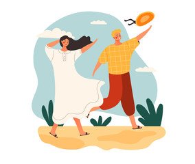 Windy weather concept with people walking outdoors with the man chasing his hat and the woman holding her long hair with dress blowing, colored vector illustration