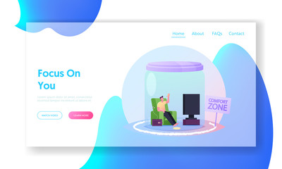 Man Fear to Change Life Landing Page Template. Poor and Lazy Male Character Sitting in Glass Jar under Transparent Dome