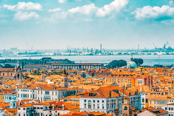 Panoramic view of Venice from the Campanile tower of St. Mark's Cathedral (Campanile di San Marco). Italy.