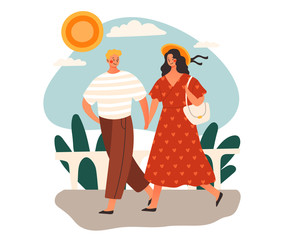 Hot sunny summer weather with people outdoors enjoying a walk in the countryside holding hands in summer, colored vector illustration