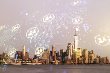 Fototapeta na wymiar Double exposure of social network icons interface and world map on Manhattan office buildings background. Networking concept