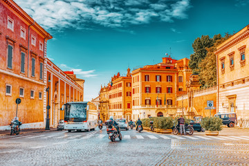 ROME, ITALY- MAY 09, 2017:  Beautiful landscape  urban and historical view of the Rome, street, people, tourists on it, urban life of the Eternal City.