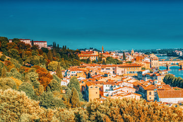 Fototapeta na wymiar Beautiful landscape above, panorama on historical view of the Florence from Piazzale Michelangelo point. Morning time.