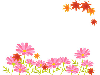秋の花　コスモスと紅葉のナチュラルシンプルな背景フレーム