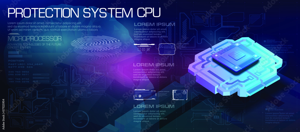 Poster cpu concept. powerful microprocessor of the future.protection system. biometric id. new generation p