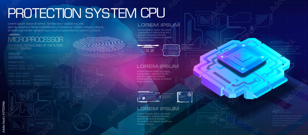 Poster cpu concept. powerful microprocessor of the future.protection system. biometric id. new generation p