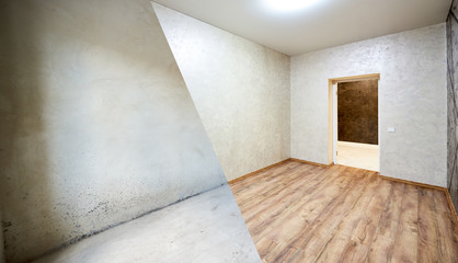 Room modernization, empty concrete walls vs new empty rebuilt living room with wood laminate on the floor, beautiful beige wallpapers
