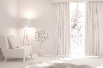 White stylish minimalist room with armchair and winter landscape in window. Scandinavian interior design. 3D illustration
