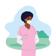 woman doctor with uniform in front of park vector design