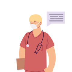 man doctor with mask uniform and communication bubble vector design