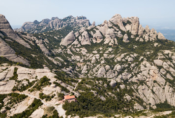 View from drone on Montserrat - multi-peaked rocky range near Barcelona, Spain
