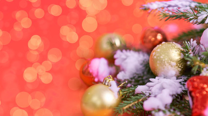 Christmas banner. Xmas design red christmas tree decorations on a red background. Horizontal christmas poster, greeting cards, headers, website.