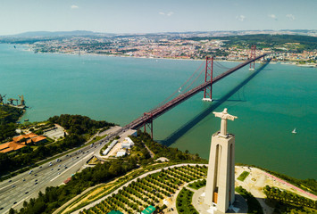 Aerial view of famous 25th of April bridge in Lisbon, Portugal