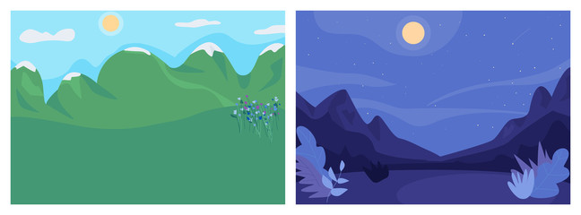Day and night landscape flat color vector illustration set. Nighttime mountains for camping. Daytime lawn with foliage. Romantic 2D cartoon landscape with clear sky on background collection
