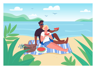 Romantic picnic on beach flat color vector illustration. Couple on summer vacation. Man and woman sit on blanket and eat watermelon. Lovers 2D cartoon characters with seascape on background