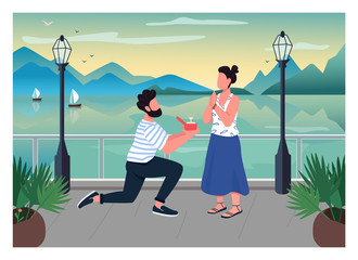 Romantic proposal flat color vector illustration. Man on one knee with diamond ring. Woman excited over engagement. Boyfriend and girlfriend 2D cartoon characters with sunset seascape on background