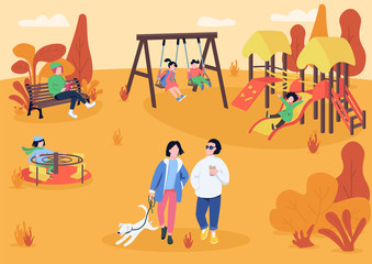 Obraz premium Autumn playpark with visitors flat color vector illustration. People spending leisure time outdoors. Children recreation area. Autumn recreational zone 2D cartoon characters with trees on background