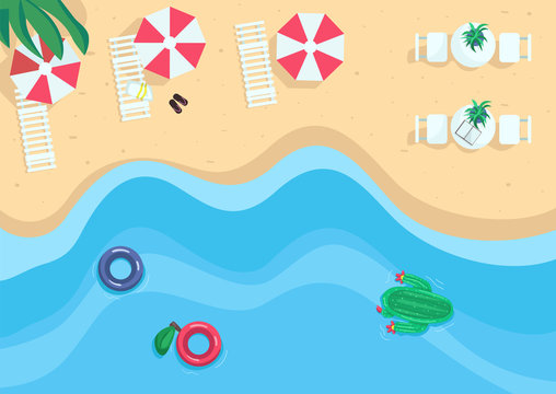 Seaside resort flat color vector illustration. Sandy tourist beach with umbrellas. Pool floats on water. Summer relaxation. Beach vacations 2D cartoon landscape with nature on background