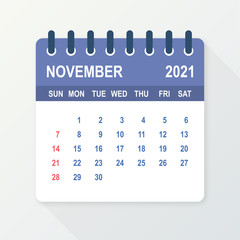 November 2021 Calendar Leaf. Calendar 2021 in flat style. Vector illustration.