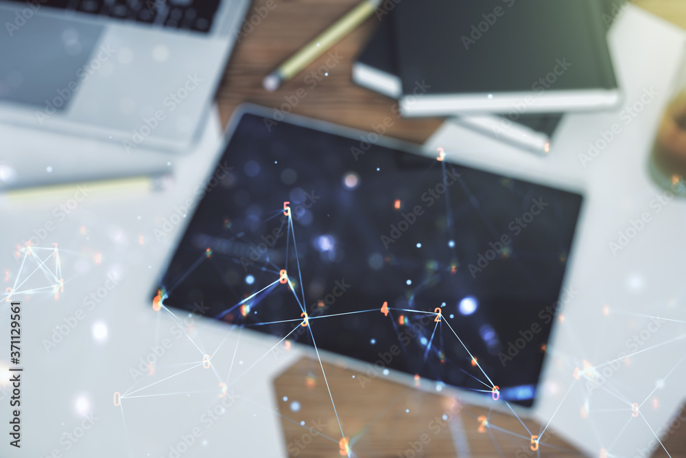Poster Creative abstract wireless technology hologram and modern digital tablet on desktop on background, top view, artificial intelligence and machine learning concept. Multi exposure